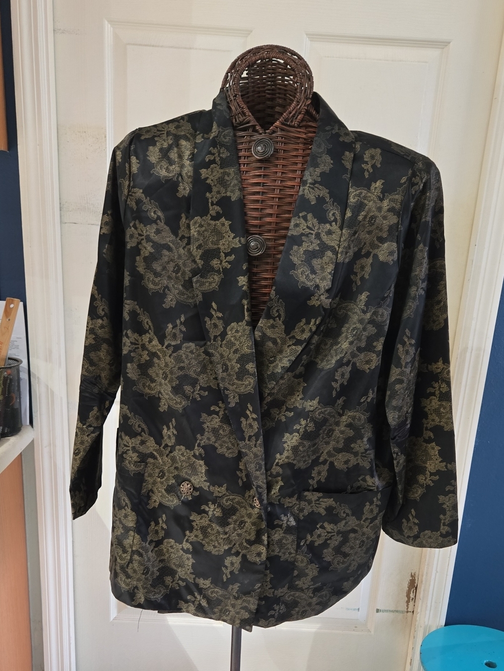 Cue Black & Gold Floral Satin Women's Jacket-Size XL